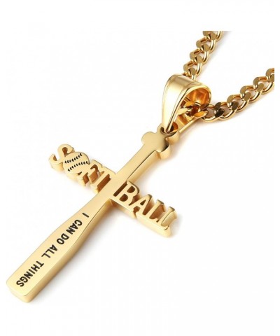 Softball Bat Cross Pendant, I CAN DO ALL THINGS STRENGTH Bible Verse Stainless Steel Necklace Gold $10.63 Necklaces