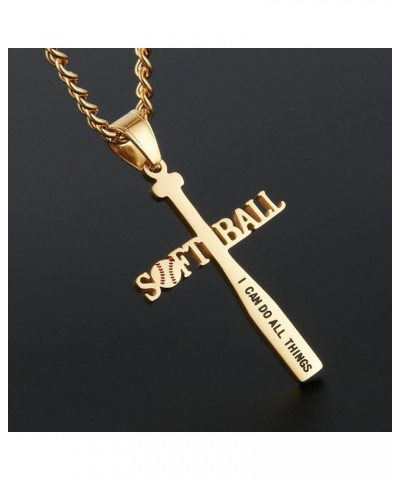 Softball Bat Cross Pendant, I CAN DO ALL THINGS STRENGTH Bible Verse Stainless Steel Necklace Gold $10.63 Necklaces