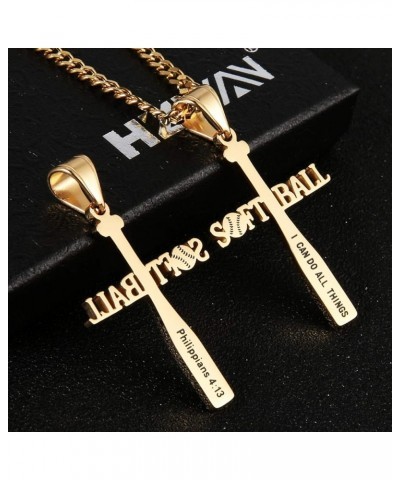 Softball Bat Cross Pendant, I CAN DO ALL THINGS STRENGTH Bible Verse Stainless Steel Necklace Gold $10.63 Necklaces