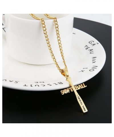 Softball Bat Cross Pendant, I CAN DO ALL THINGS STRENGTH Bible Verse Stainless Steel Necklace Gold $10.63 Necklaces