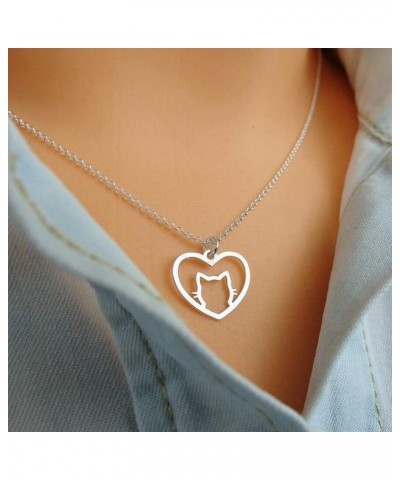 Stainless Steel Heart Shaped Cute Cat Styel Pendant Necklace Silver $8.39 Necklaces