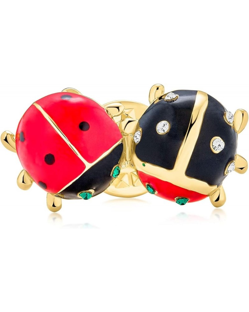 Delicate Lucky Red Black Enamel Crystal Accent Garden Insect Twin Ladybug Lapel Push Pin For Women Teen Gold Plated Two Ladyb...