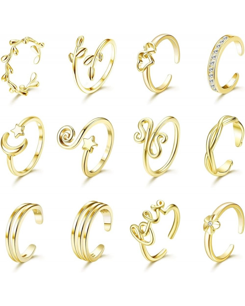 12PCS Adjustable Toe Rings for Women Flower Moon Star Leaf Heart CZ Band Rings Summer Beach Open Tail Rings Foot Jewelry Gold...