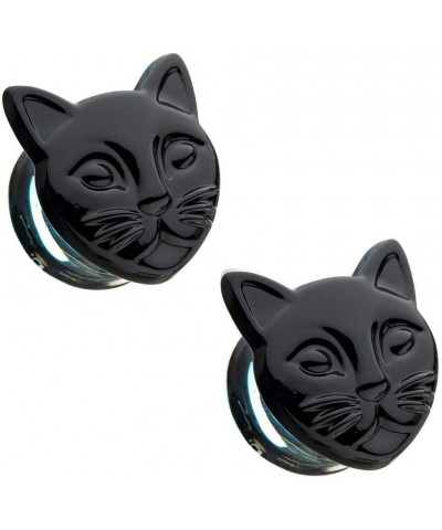 Pair of Double Flare Black Cat Head Design Ear Plugs Made of Glass 7/16" (11 mm) $8.71 Body Jewelry