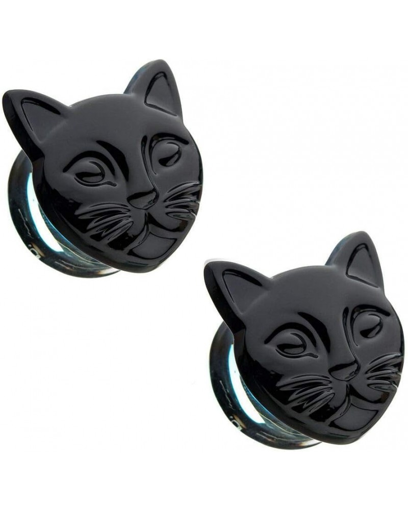 Pair of Double Flare Black Cat Head Design Ear Plugs Made of Glass 7/16" (11 mm) $8.71 Body Jewelry