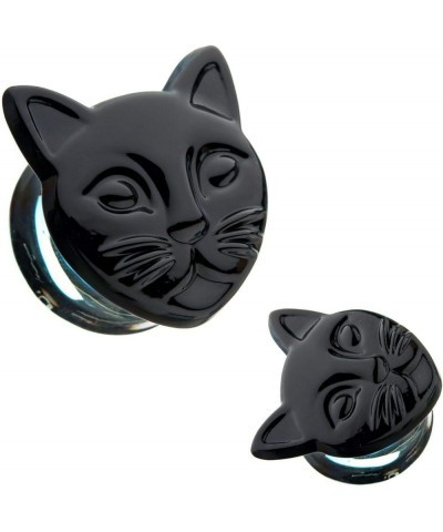 Pair of Double Flare Black Cat Head Design Ear Plugs Made of Glass 7/16" (11 mm) $8.71 Body Jewelry