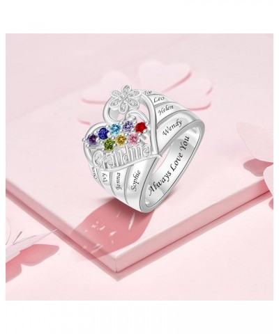 925 Sterling Silver Birthstone Ring for Grandmother Love Heart Name Ring for Women Mom Custom Family Grandma Ring Jewelry Gif...