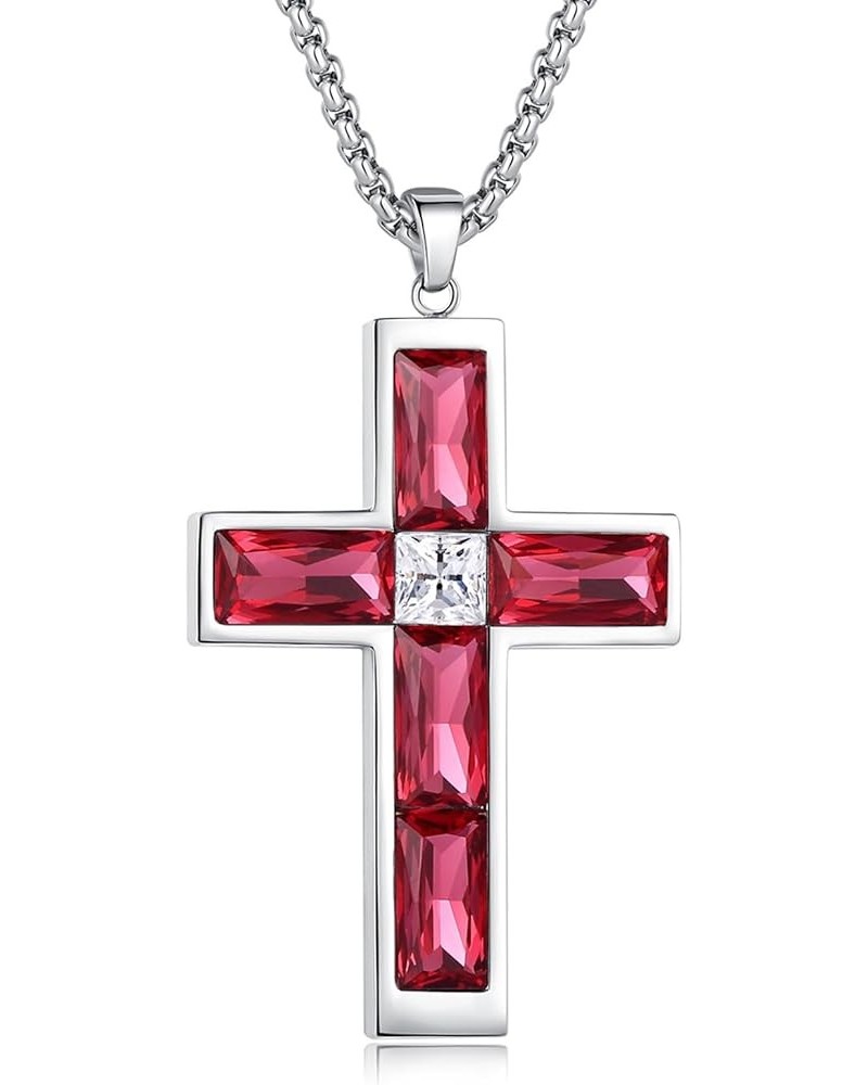 Cross Necklace for Men, Cubic Zirconia Gem Pendant Necklace, Silver Stainless Steel Cross Necklace, Birthstone Necklace for W...