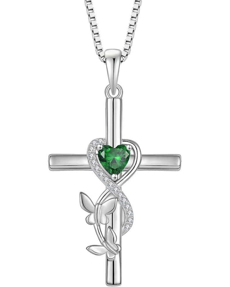 Butterfly Cross Necklace 925 Sterling Silver Crucifix Pendant Heart Birthstone Religious Jewelry for Women 05-emerald-May $30...