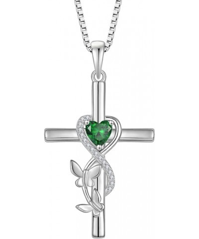 Butterfly Cross Necklace 925 Sterling Silver Crucifix Pendant Heart Birthstone Religious Jewelry for Women 05-emerald-May $30...