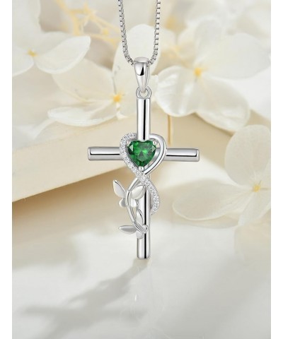 Butterfly Cross Necklace 925 Sterling Silver Crucifix Pendant Heart Birthstone Religious Jewelry for Women 05-emerald-May $30...