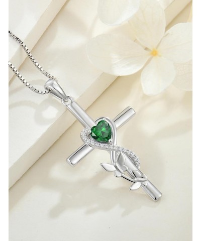 Butterfly Cross Necklace 925 Sterling Silver Crucifix Pendant Heart Birthstone Religious Jewelry for Women 05-emerald-May $30...