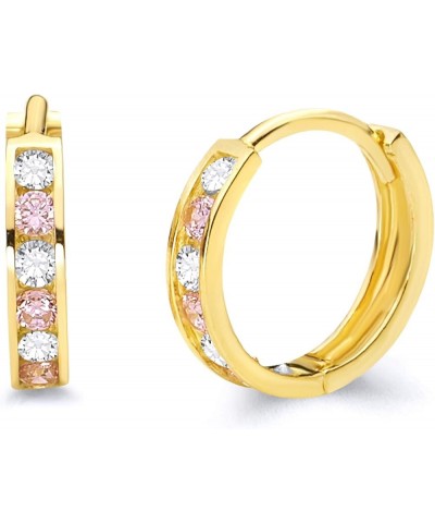 14k Yellow Gold 2mm Thickness CZ Channel Set Hoop Huggie Earrings (12 x 12 mm) - 3 Different Color Available Pink $34.65 Earr...