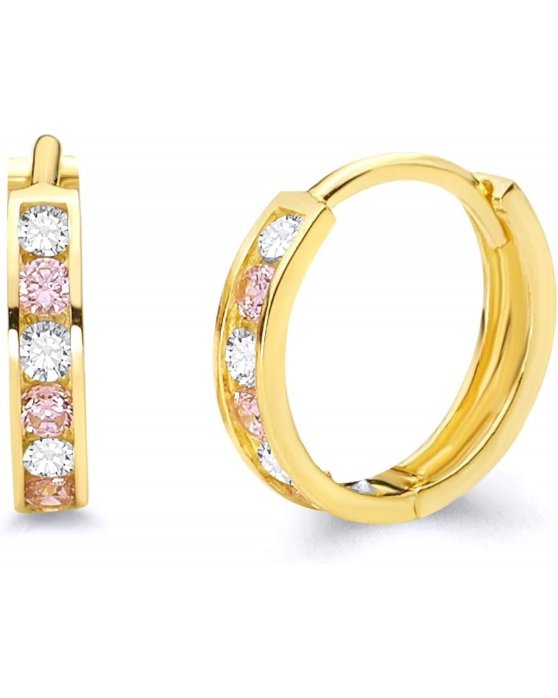 14k Yellow Gold 2mm Thickness CZ Channel Set Hoop Huggie Earrings (12 x 12 mm) - 3 Different Color Available Pink $34.65 Earr...