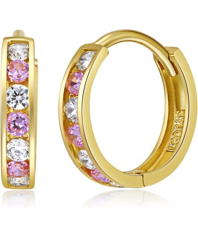 14k Yellow Gold 2mm Thickness CZ Channel Set Hoop Huggie Earrings (12 x 12 mm) - 3 Different Color Available Pink $34.65 Earr...