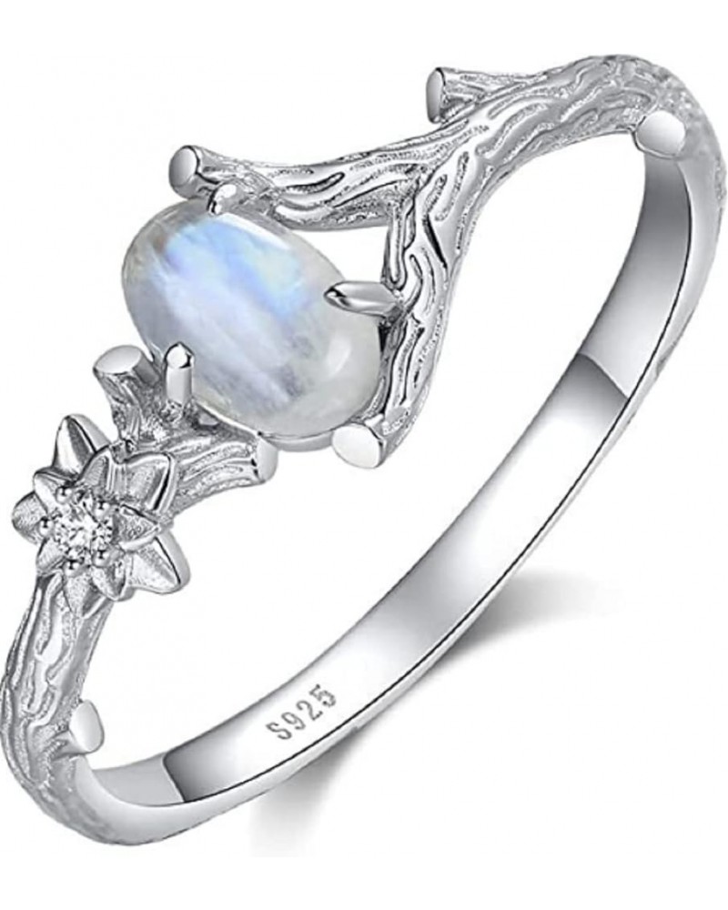 925 Sterling Silver Natural Moonstone Ring Feminine Branch Flower Lady Shiny Wedding Engagement Ring Birthday Party Ring Size...