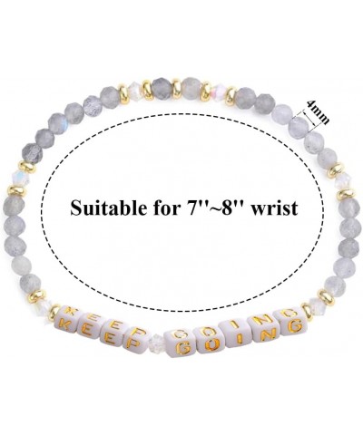 Natural Stone Bead Motivational Bracelet for Women, Micro Faceted Round Crystal Beads Keep Going Letter Friendship Bracelet, ...