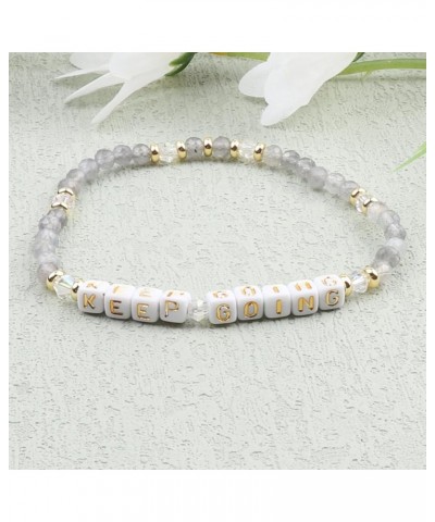 Natural Stone Bead Motivational Bracelet for Women, Micro Faceted Round Crystal Beads Keep Going Letter Friendship Bracelet, ...