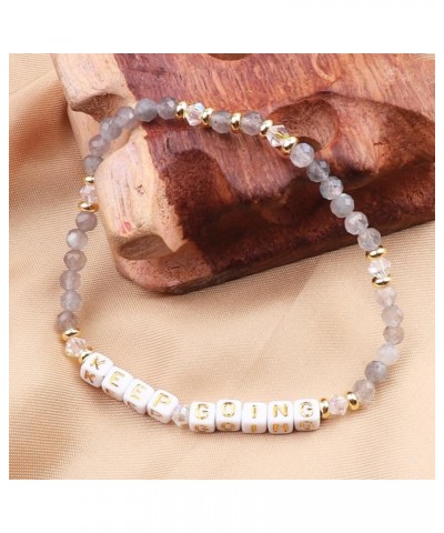 Natural Stone Bead Motivational Bracelet for Women, Micro Faceted Round Crystal Beads Keep Going Letter Friendship Bracelet, ...