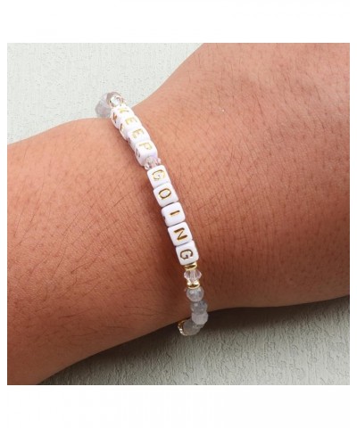 Natural Stone Bead Motivational Bracelet for Women, Micro Faceted Round Crystal Beads Keep Going Letter Friendship Bracelet, ...