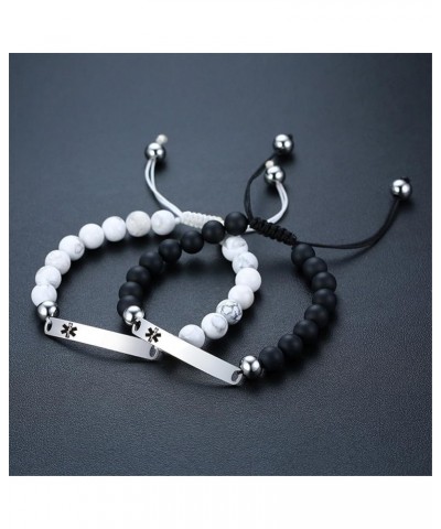 2 Pcs Medical Alert Bracelets for Men & Women Teens with Free Engraving Adjustable Stainless Steel Black White Beaded Onyx Em...