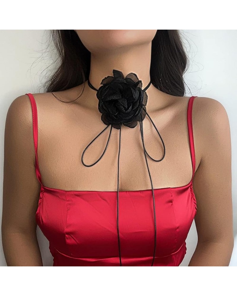 Elegant Artificial Flower Long Wrap Necklace Wax Thread Ribbon Tulle Flower Tie Collar Necklace Boho Prom Party Festival Rose...