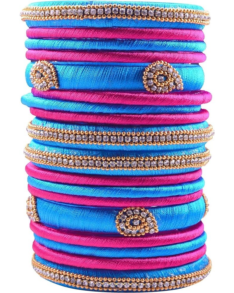 Rhinestone Dual Colour Silk Thread Bangles Set, Handmade Silk Thread Bangle Set for Women Turquoise Blue and Pink 2.8 $14.40 ...