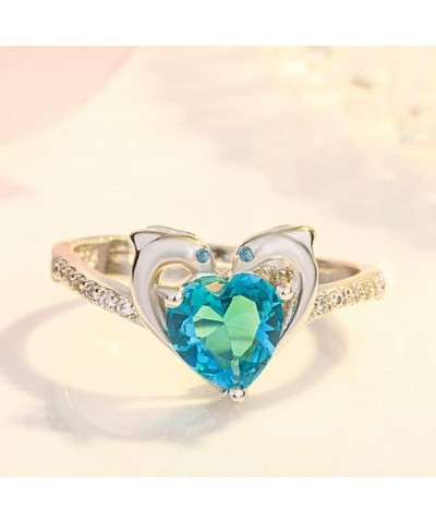 HUKQBUNX 925 Sterling Silver Women's Fashion Double Dolphin Heart-Shaped Diamond Ring Opening Creative Fashion Sapphire Blue ...