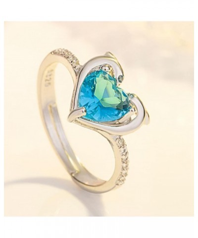 HUKQBUNX 925 Sterling Silver Women's Fashion Double Dolphin Heart-Shaped Diamond Ring Opening Creative Fashion Sapphire Blue ...