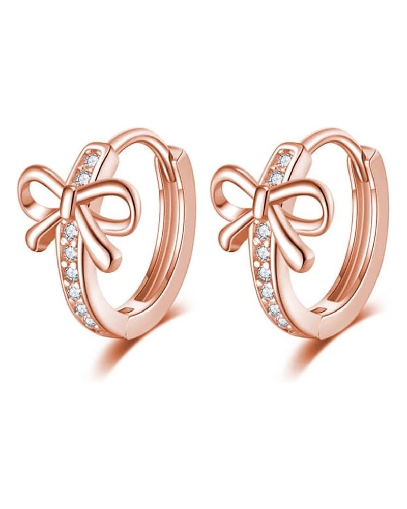 Solid 925 Sterling Silver Bow Hoop Earrings Huggies for Women Girls Bowknot Hoop Earrings CZ Huggies C-Rose Gold $9.87 Earrings