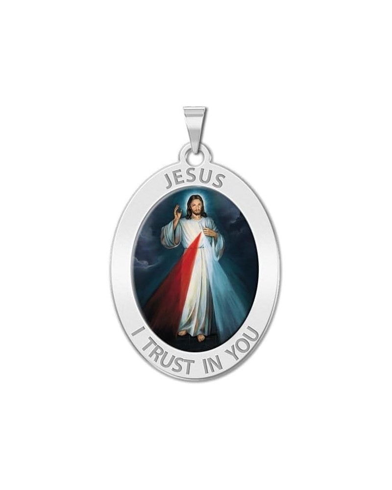 Divine Mercy Oval Religious Medal, Available in Sterling Silver and Solid 10K or 14K Gold 10K Solid White Gold 2/3 x 3/4 Inch...