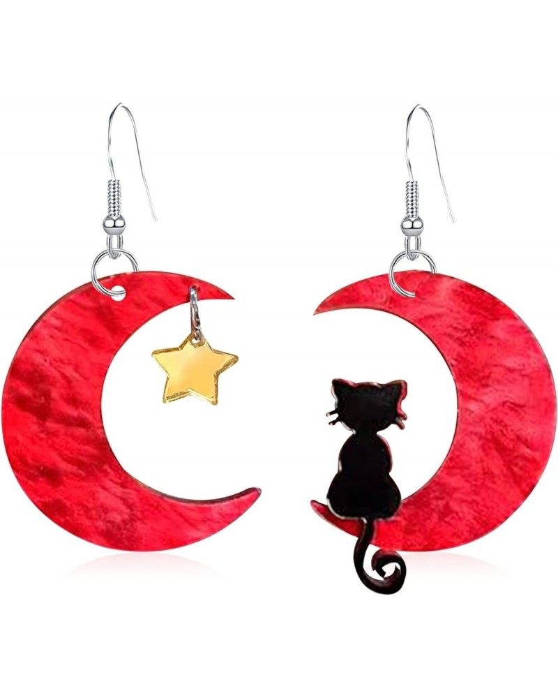 Acrylic Animal Lovely Black Fun Cat on the Moon Dangle Earrings Acrylic Star Earrings For Women Girls Christmas Halloween Jew...