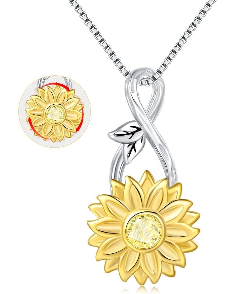 You are My Sunshine Necklace Sunflower Jewelry for Women - 925 Sterling Silver Infinity Spinner Sun Flower CZ Pendant Necklac...