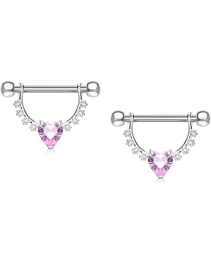 Pair of Surgical Steel 1/2 Inch (12mm) D-Ring Style CZ Heart Dangle Nipple Barbells Clear/Pink $9.03 Body Jewelry