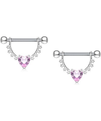 Pair of Surgical Steel 1/2 Inch (12mm) D-Ring Style CZ Heart Dangle Nipple Barbells Clear/Pink $9.03 Body Jewelry