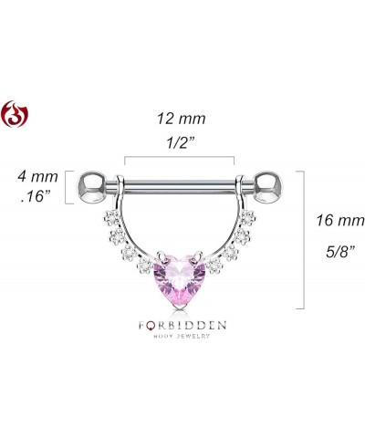 Pair of Surgical Steel 1/2 Inch (12mm) D-Ring Style CZ Heart Dangle Nipple Barbells Clear/Pink $9.03 Body Jewelry