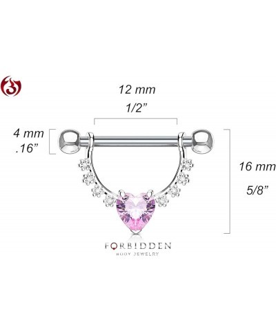 Pair of Surgical Steel 1/2 Inch (12mm) D-Ring Style CZ Heart Dangle Nipple Barbells Clear/Pink $9.03 Body Jewelry