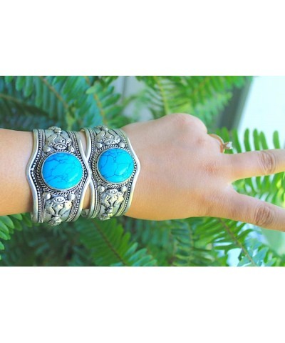 Single Stone Blue Stabilized-Turquoise Ornate Cuff Bracelet | Adjustable Boho Jewelry for Men & Women $14.79 Bracelets