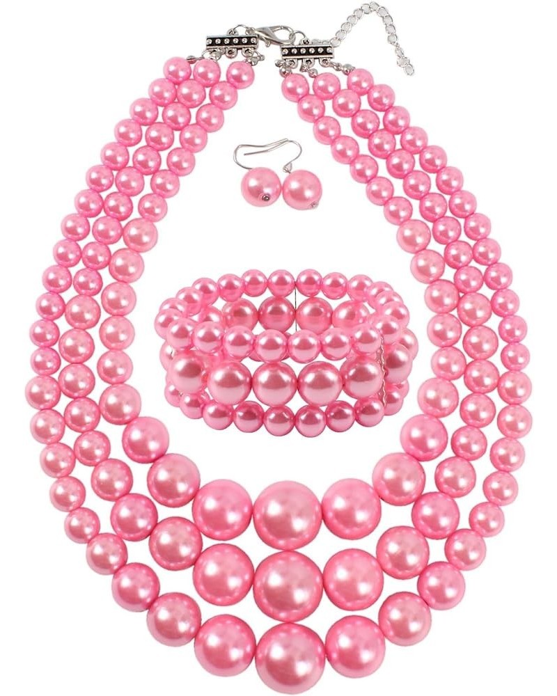 Women's 3 Layer Simulated Pearl Statement 18" Necklace Bracelet and Earrings Jewelry Set pink $10.49 Jewelry Sets