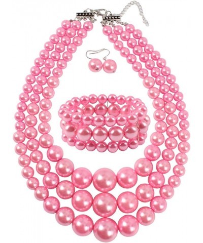 Women's 3 Layer Simulated Pearl Statement 18" Necklace Bracelet and Earrings Jewelry Set pink $10.49 Jewelry Sets