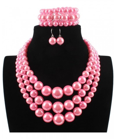 Women's 3 Layer Simulated Pearl Statement 18" Necklace Bracelet and Earrings Jewelry Set pink $10.49 Jewelry Sets