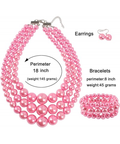 Women's 3 Layer Simulated Pearl Statement 18" Necklace Bracelet and Earrings Jewelry Set pink $10.49 Jewelry Sets