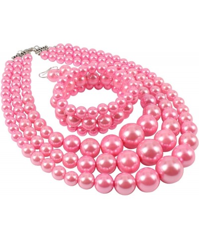 Women's 3 Layer Simulated Pearl Statement 18" Necklace Bracelet and Earrings Jewelry Set pink $10.49 Jewelry Sets