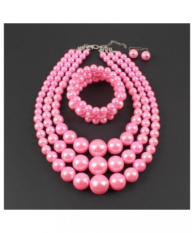 Women's 3 Layer Simulated Pearl Statement 18" Necklace Bracelet and Earrings Jewelry Set pink $10.49 Jewelry Sets