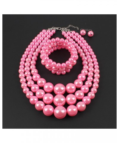 Women's 3 Layer Simulated Pearl Statement 18" Necklace Bracelet and Earrings Jewelry Set pink $10.49 Jewelry Sets