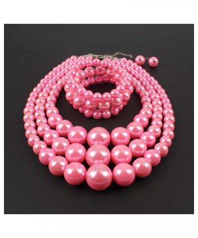 Women's 3 Layer Simulated Pearl Statement 18" Necklace Bracelet and Earrings Jewelry Set pink $10.49 Jewelry Sets