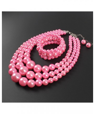 Women's 3 Layer Simulated Pearl Statement 18" Necklace Bracelet and Earrings Jewelry Set pink $10.49 Jewelry Sets