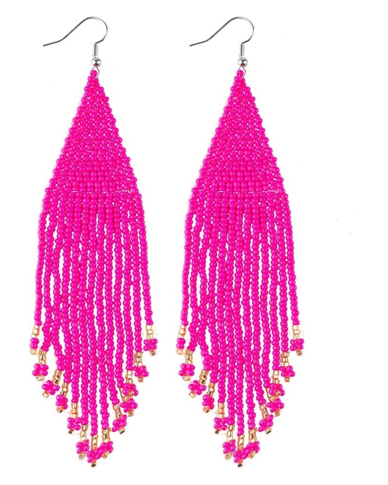 Long Native Beaded Earrings, Big Boho Statement Seed Bead Fringe Dangle Earrings for Women, Large Bohemian Handmade Beaded Ta...