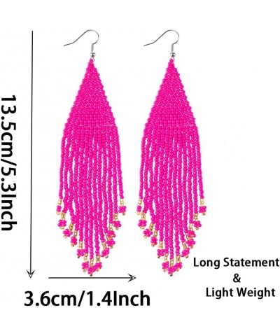 Long Native Beaded Earrings, Big Boho Statement Seed Bead Fringe Dangle Earrings for Women, Large Bohemian Handmade Beaded Ta...