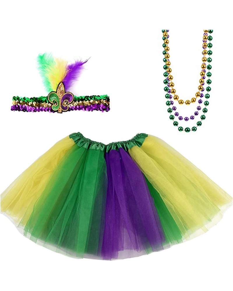 Women Mardi Gras Accessorie Outfit Adult St. Patrick's Day Party Costume Set with Tutu Headband Beads Necklace Three-color Tu...